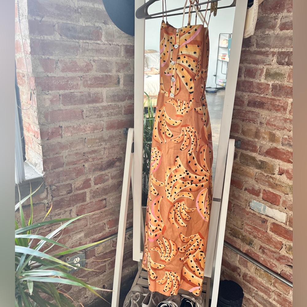 Farm Rio Caramel Raining Banana Print Linen Dress